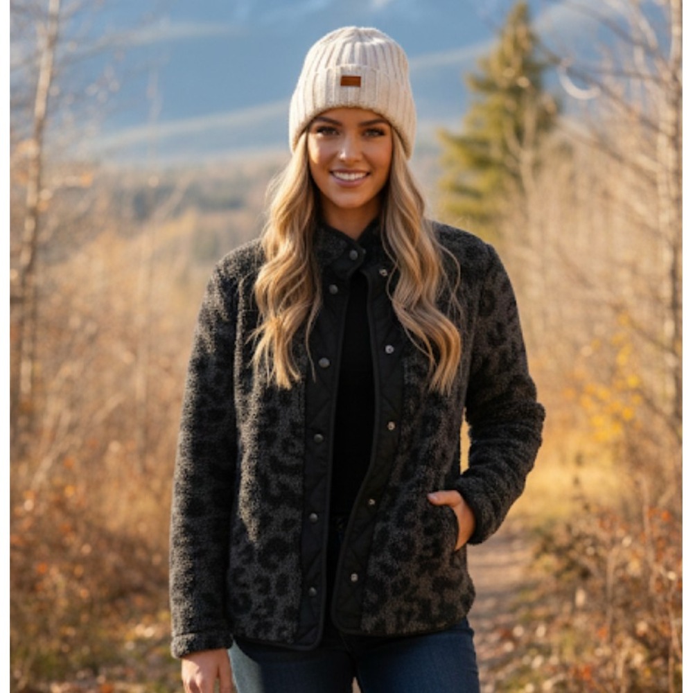 Cozy Sherpa Leopard‎ Print Jacket Women's Black Gray Snap Front Pockets S 32902